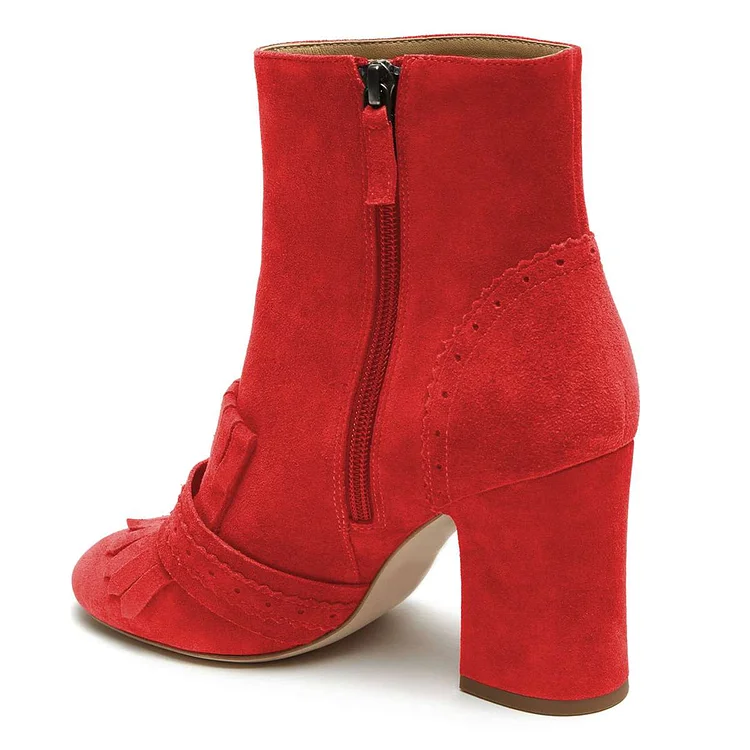 Red Fringe Chunky Heel Suede Boots Vdcoo