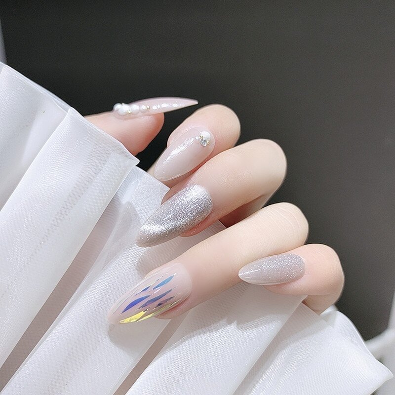 Agreedl On Nails With Designs Pearl Inlaid Fake Nails Long Pointed Head Sweet Style Wearable Nails Tips Free Shipping