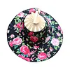 2 in 1 Bamboo Foldable Hand Fan Sun Hat Floral Printed Chinese Style Handheld Foldable Wide Brim Hat for Women Outdoor Beach Travel Accessory
