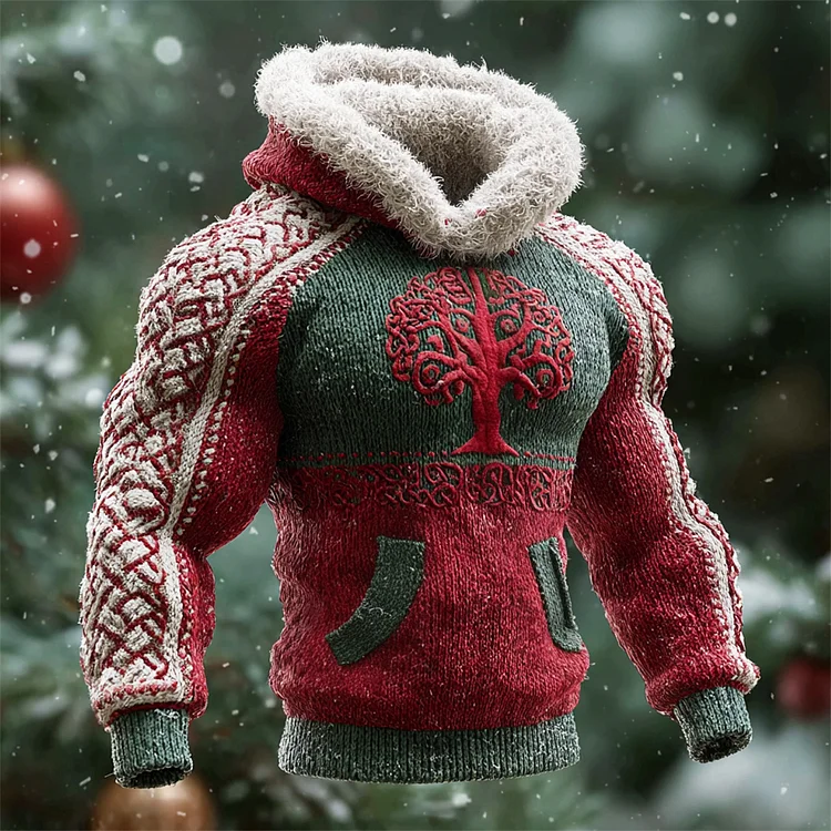 Christmas Viking Tree Men's Fur Trim Hooded Fleece Sweater