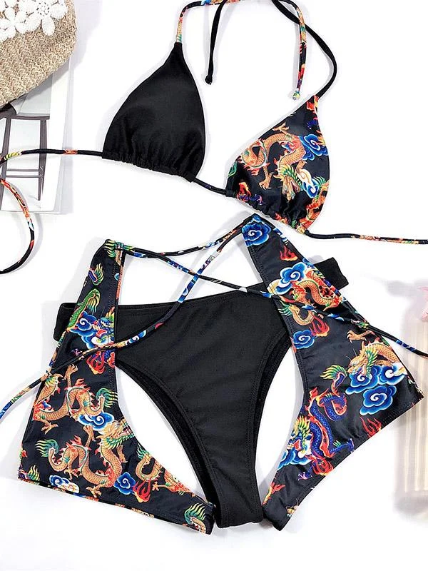 Ethnic Printed Asymmetrictriangles Three-Piece Set Bikini Swimsuit