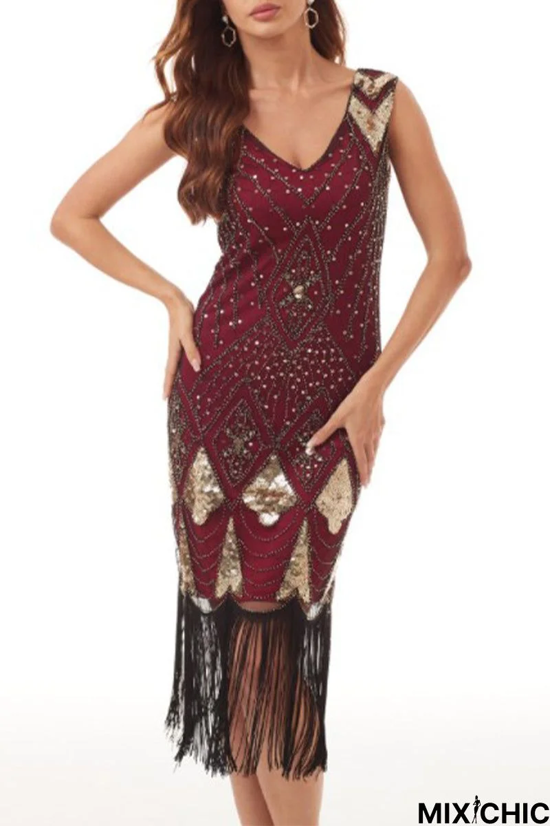 College Formal Patchwork Tassel Sequins Beading V Neck Evening Dress Dresses