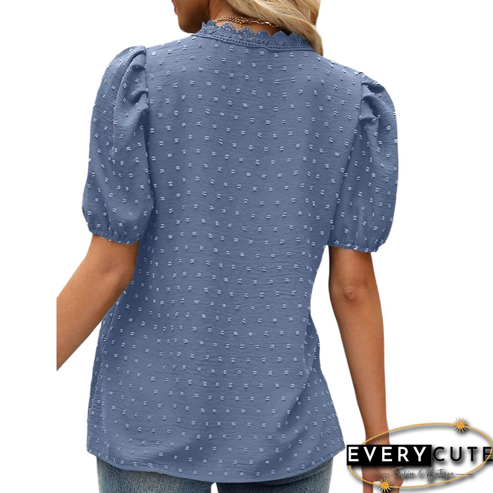 Light Blue Swiss Dot Puff Short Sleeve Lace V Neck Top