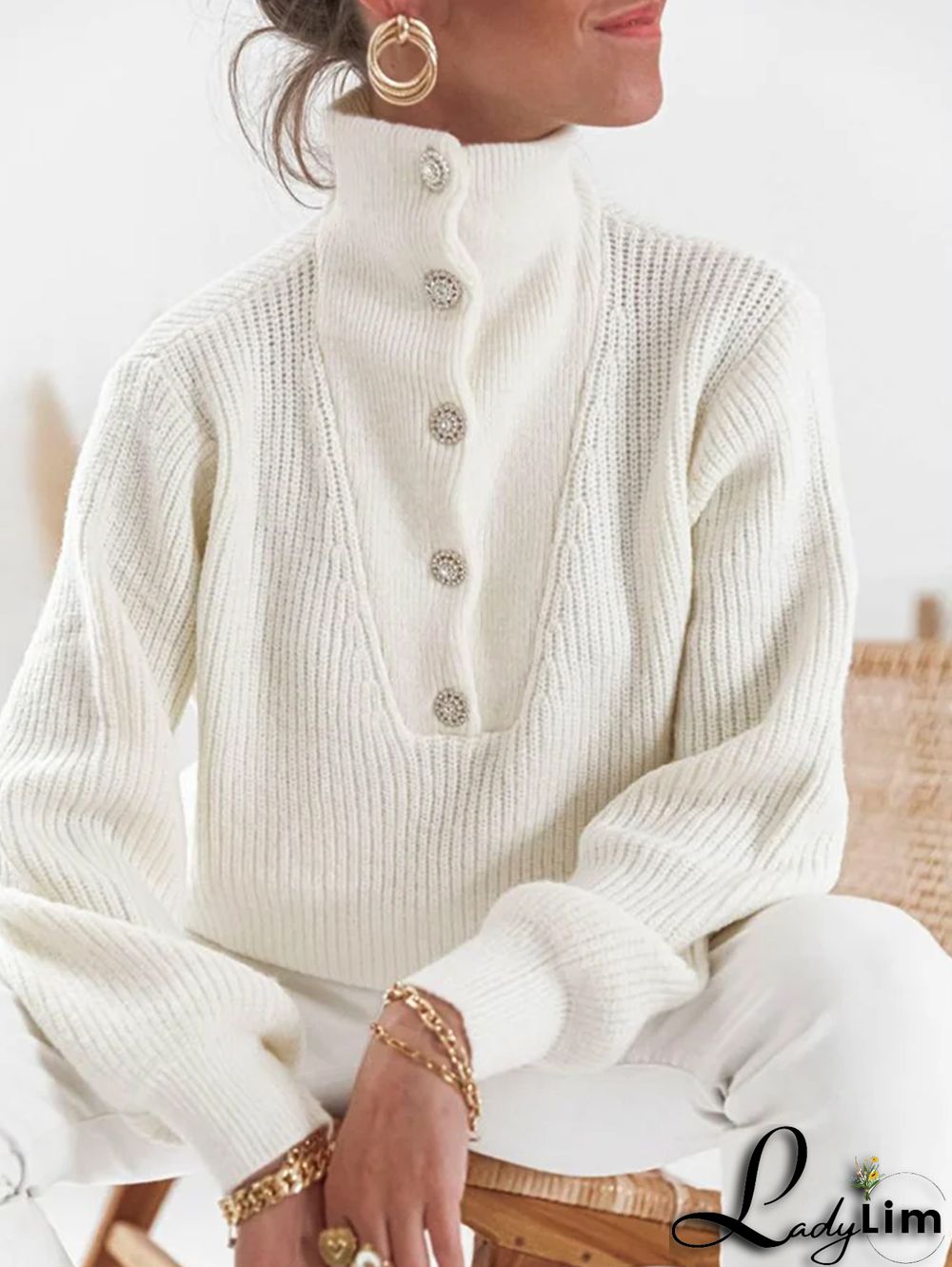 Casual Textured High Neck Rhinestone Button Long Sleeve Sweater