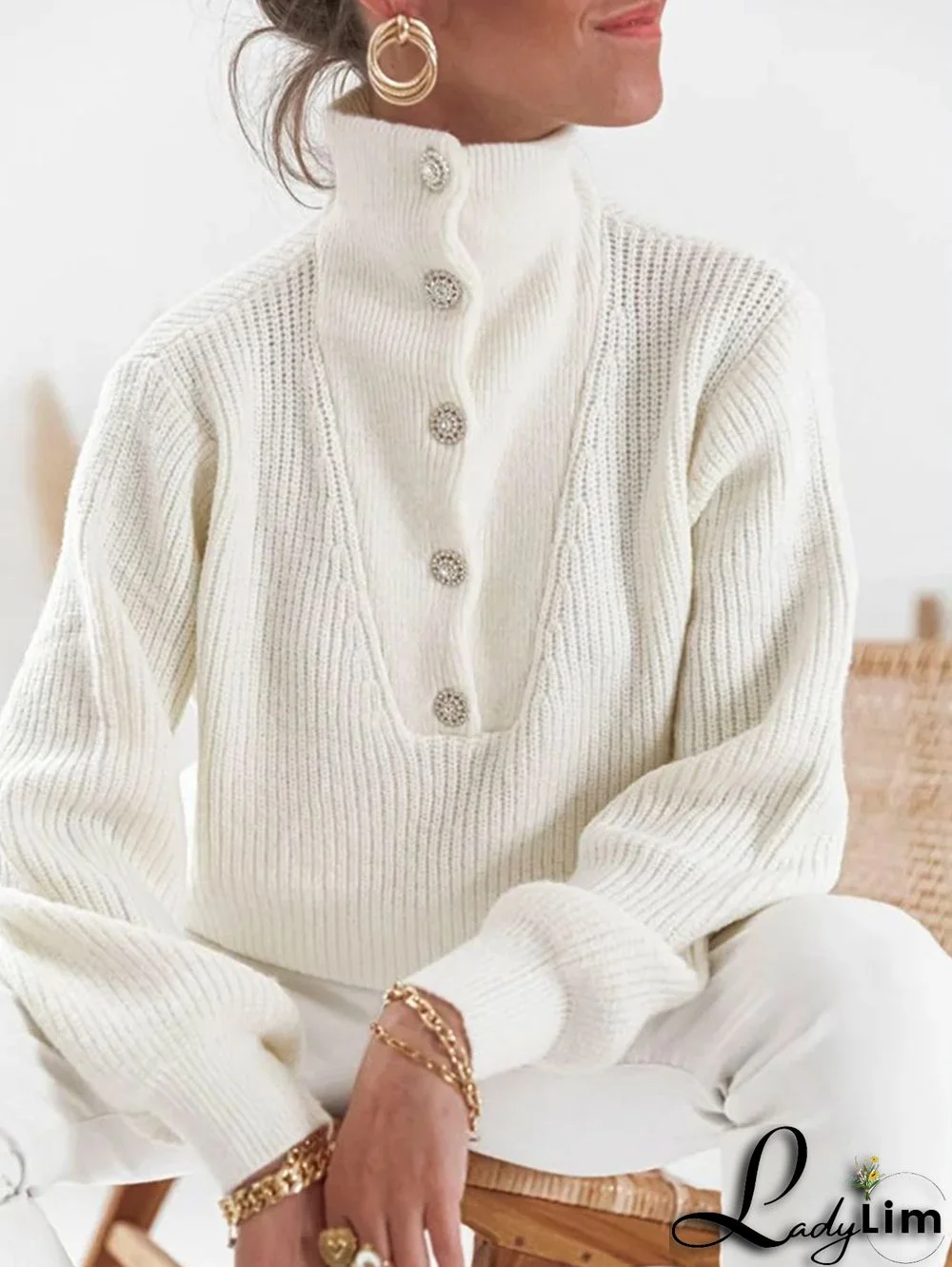 Casual Textured High Neck Rhinestone Button Long Sleeve Sweater