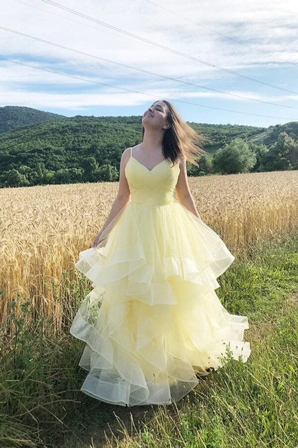 Ovlias Romantic Daffodil Spaghetti Strap Layered Tulle Evening Dress LY0576