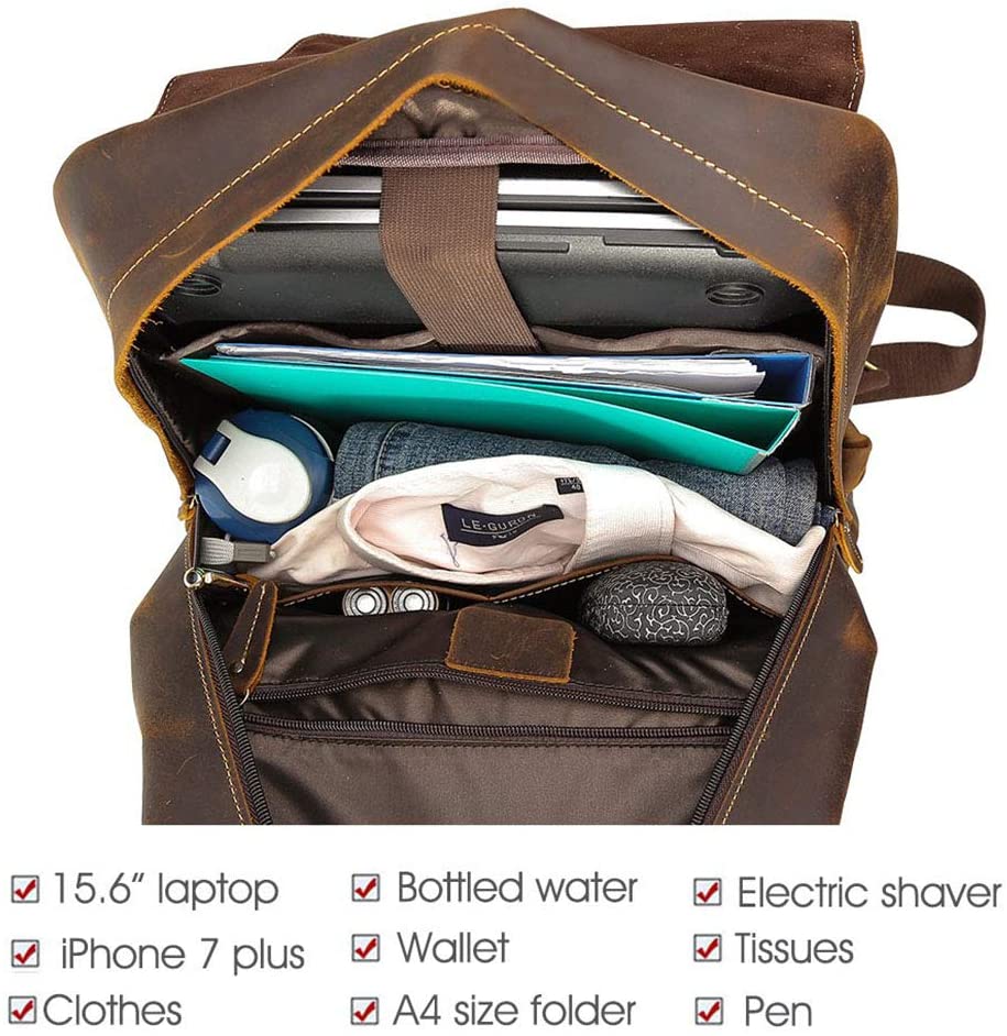 Vintage Full Grain Leather Backpack 15.6 Inch Laptop Bag Travel School Daypack