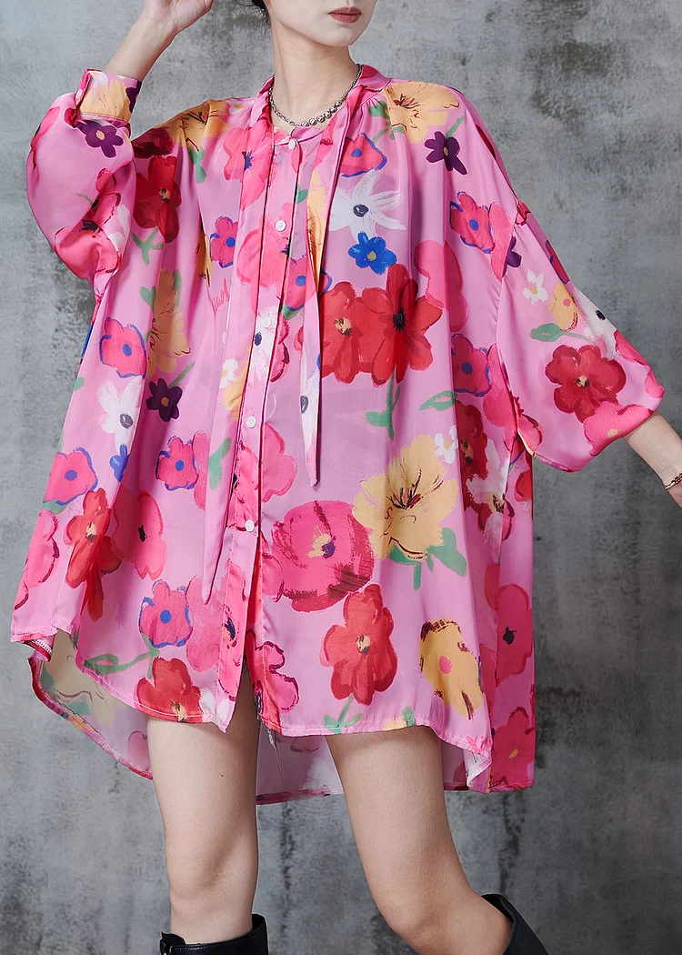 Art Rose Oversized Print Chiffon Shirt Top Fall