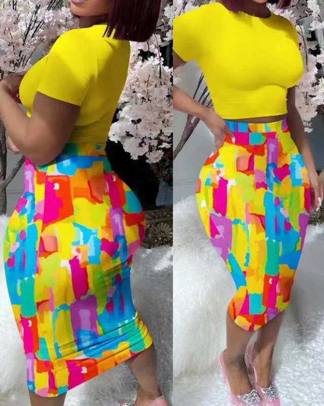 Mongw Mongw Women's Round Collar Short-Sleeved T-Shirt Wrapped Hip Skirt Print Leak Umbilical Slim Sexy Suit