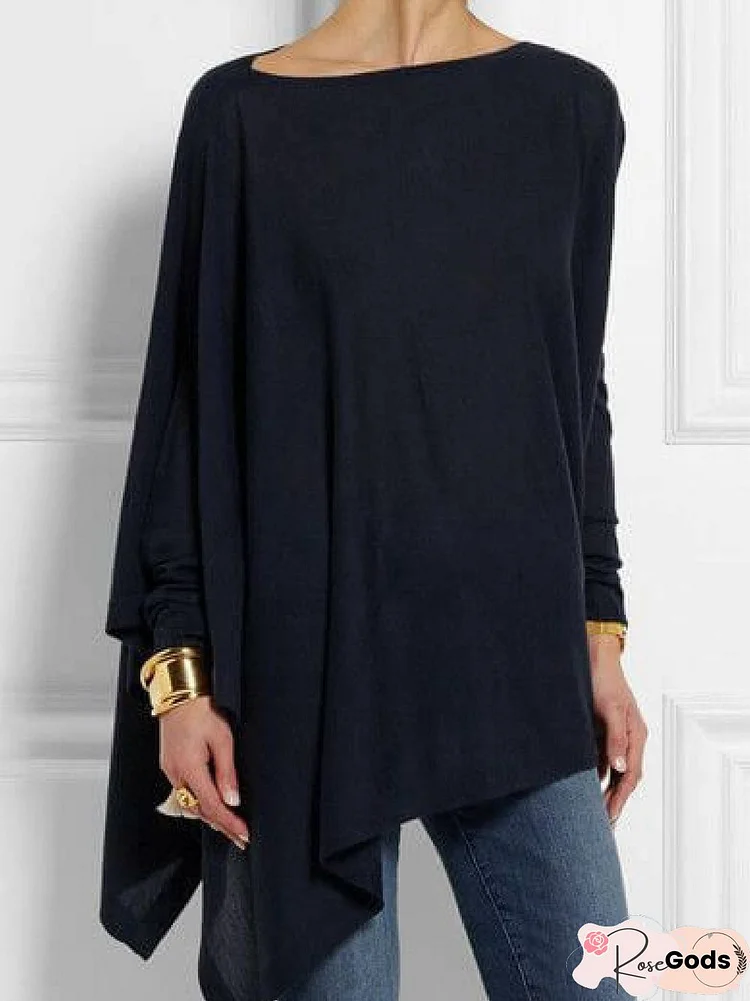 Women Solid High Low Round Neck Long Sleeve Shift Blouse & Shirt