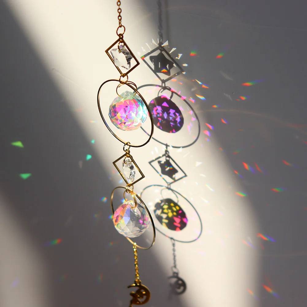 Crystal Wind Chime Star Moon Pendant Colorful Beads Hanging Drop Decor (A)
