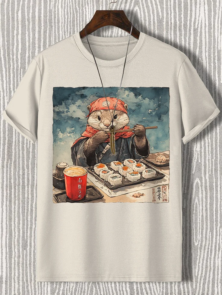 Men's Otter Sushi Chef Illustration Print Cotton Casual T-Shirt