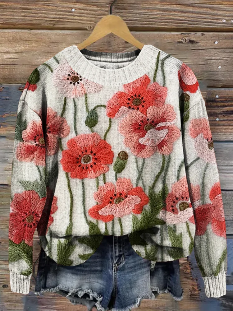 Floral Embroidery Art Crew Neck Comfy Sweater
