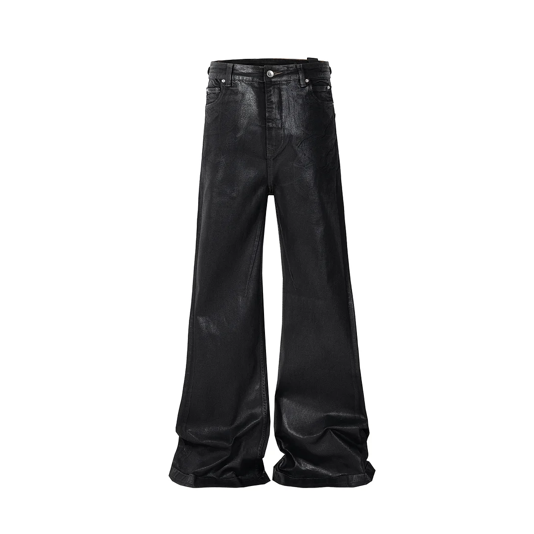 Abebey-Streetwear Black Wax Leather Strecth Jeans for Men Ropa Hombre Baggy Y2k Flare Pants Oversized Straight Denim Trousers