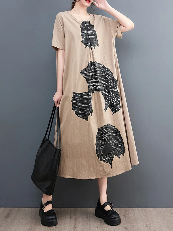 Printed A-Line Loose Round-Neck Midi Dresses