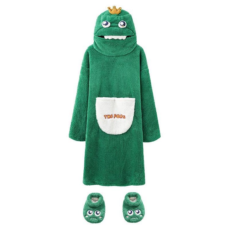 Cartoon Frog Prince Plush Hooded Pajamas Dress With Shoes - Modakawa modakawa