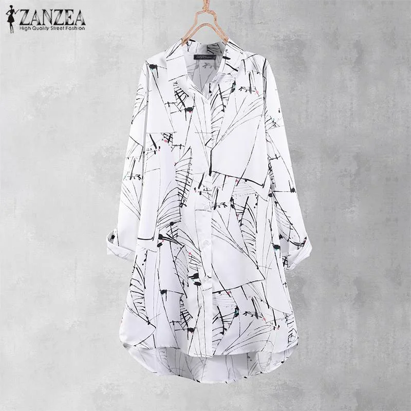 Cartoonh  Tunic Women Printed Blouse Long Shirt 2022 ZANZEA Casual Button Down Shirt Chemise Female Long Sleeve Top Lapel Blusas