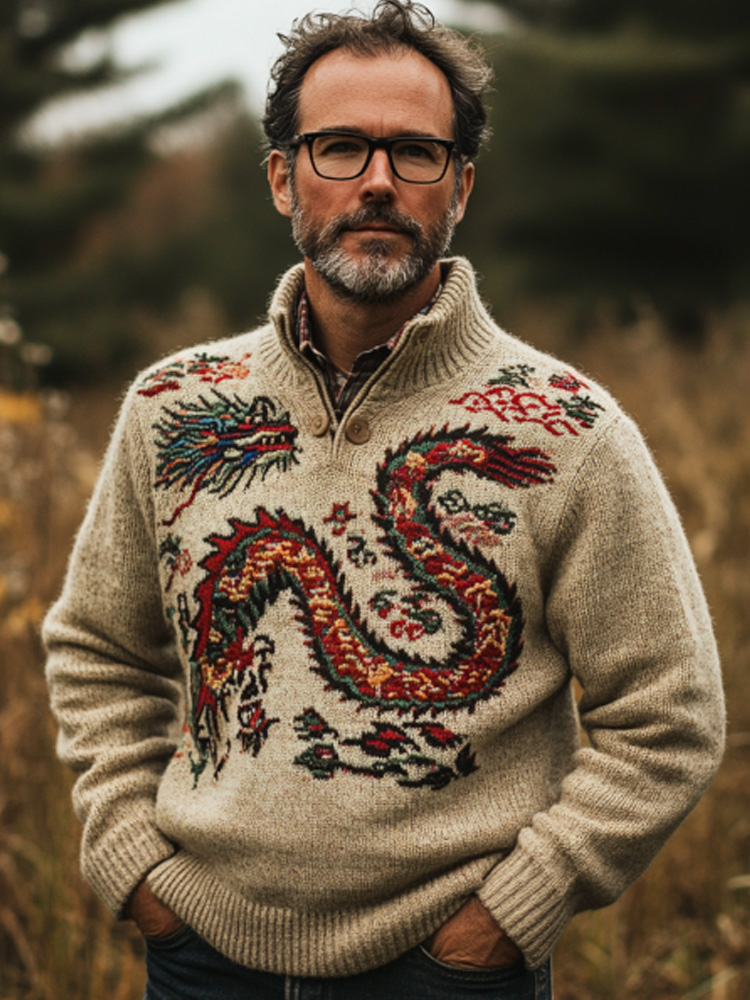 Men's Retro Japanese Art Dragon Embroidery Print Sweatshirt