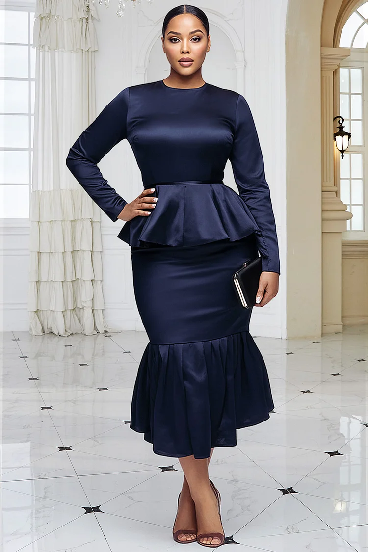 Xpluswear Design Plus Size Business Casual Navy Blue Round Neck Long Sleeve  Ruffle Elegant Satin Two Piece Skirt Sets [Pre-Order]