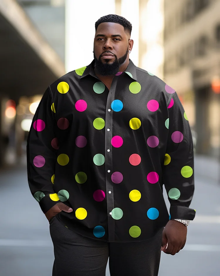 Men's Casual Puls Size Colorful Polka Dot Long Sleeve Lapel Shirt