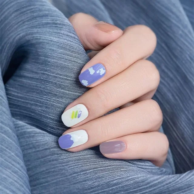 24pcs/box Fake Nails With Glue Blue Purple Type Short Paragraph Removable Fashion Manicure False Nails Press On With Designs DL-Nail Inspo