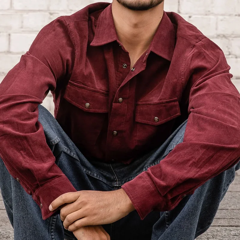 Vintage Wine Red Corduroy Oversize Long-Sleeved Shirt