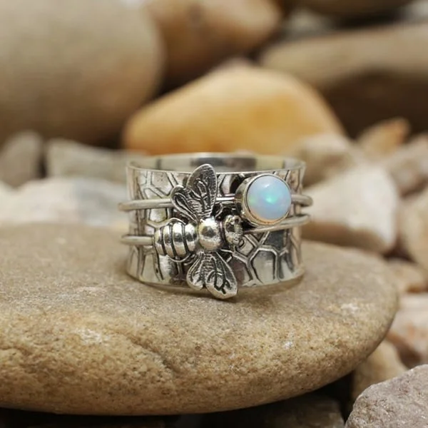 🔥 Last Day Promotion 49% OFF🎁Sterling Silver Bee Gemstone Meditation Spinner Ring