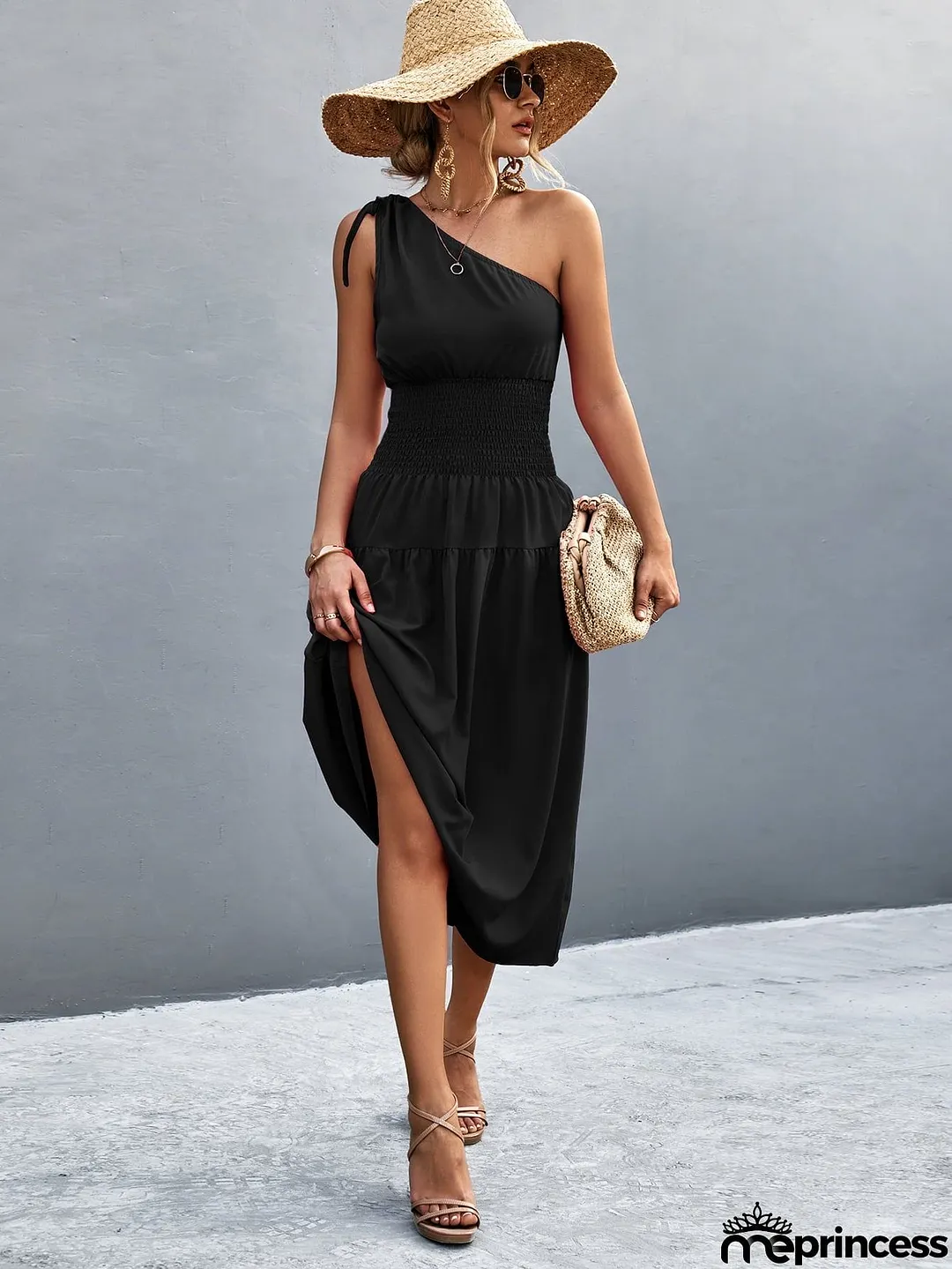 Asymmetrical One Shoulder Smocked Waist Midi Dress