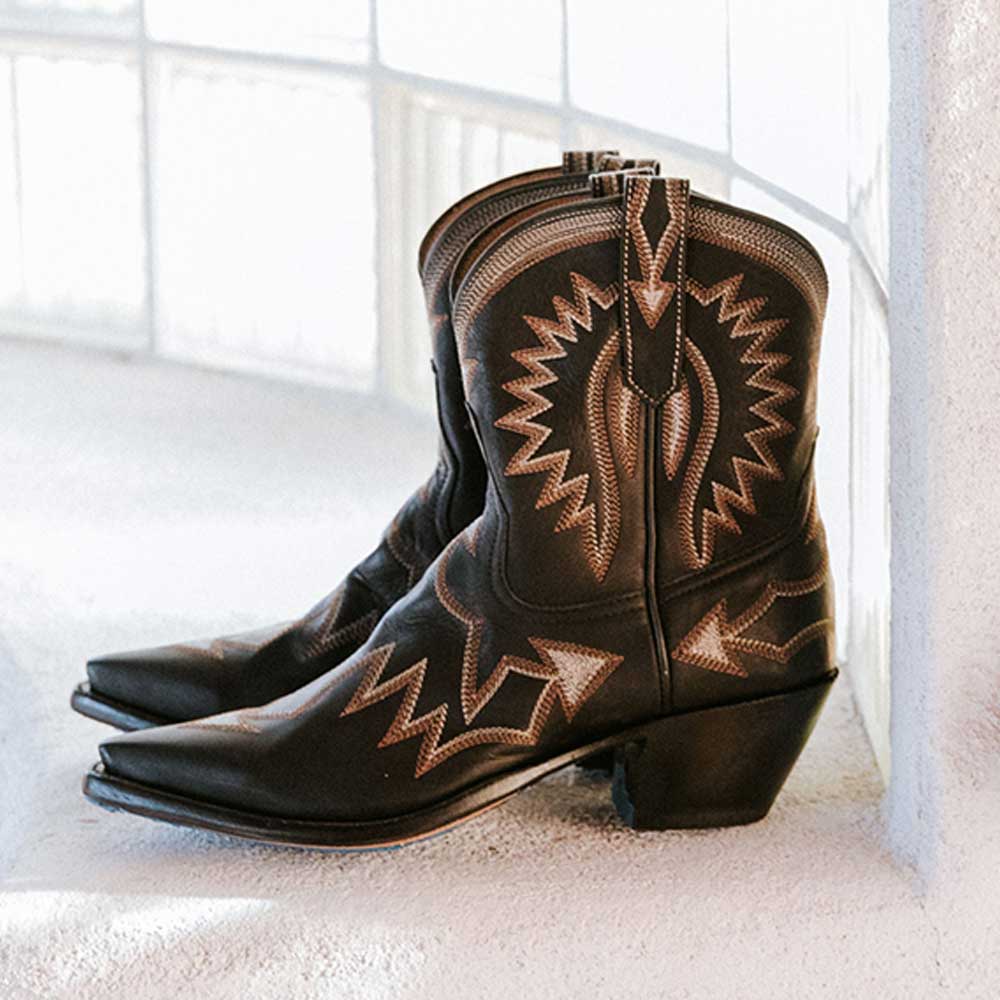 Colorful Embroidered Black Vegan Leather Heeled Cowgirl Boots For Women   
