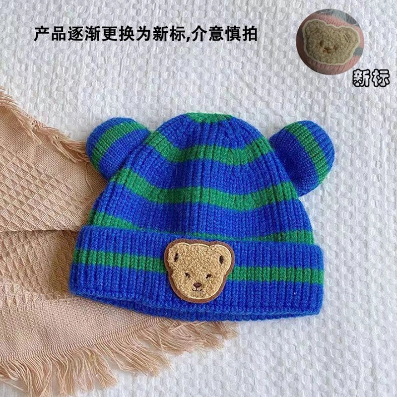 Autumn And Winter Children’s Warm Hat Cute Striped Bear Hat Korean Baby With Double Ball Knitted Hat Men’s And Women’s Treasure Hat