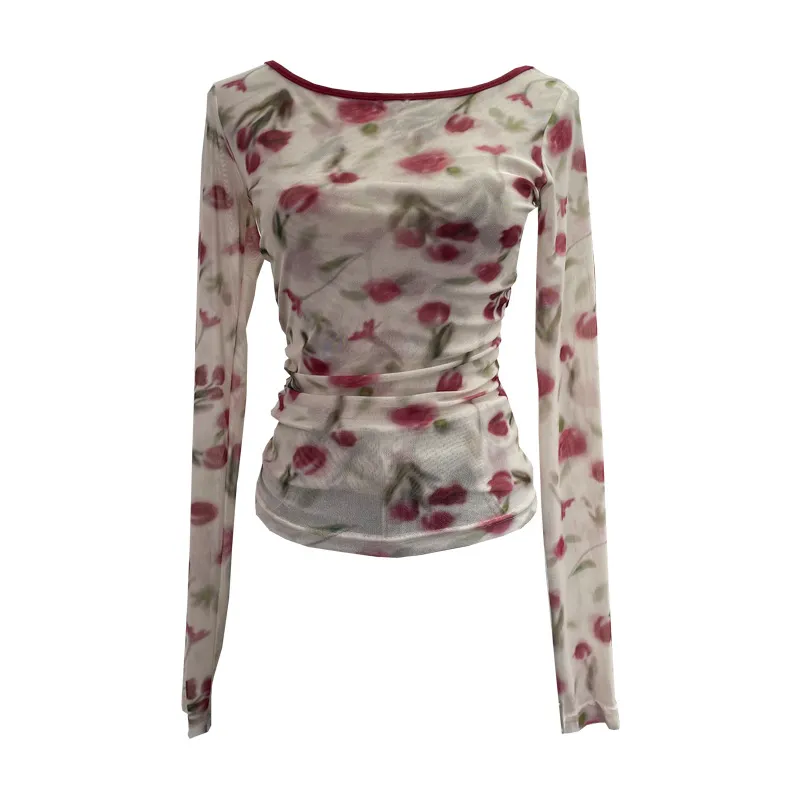 Uveng Vintage Print Repair Body Clothes Bump Color Mesh Strapd To The Big Bare Back Long-Sleeved Bottom Shirt T-Shirt 9939