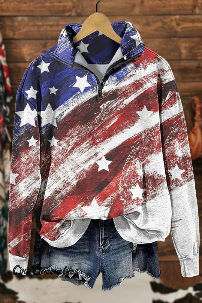 Vintage American Flag Casual Long Sleeve Zip Sweatshirt Multicolor / S