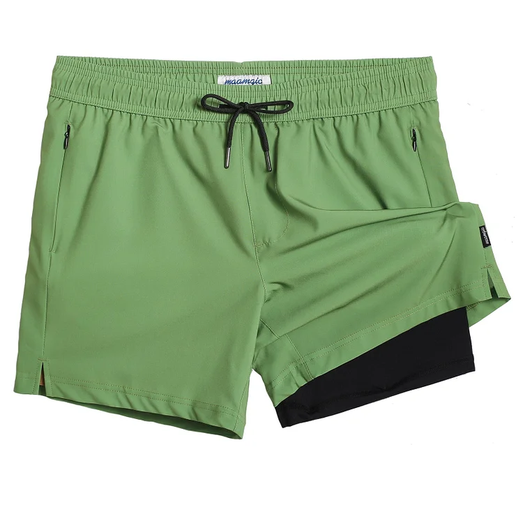5.5 Inseam 2 in 1 Stretch Short Liner Green Swim Shorts