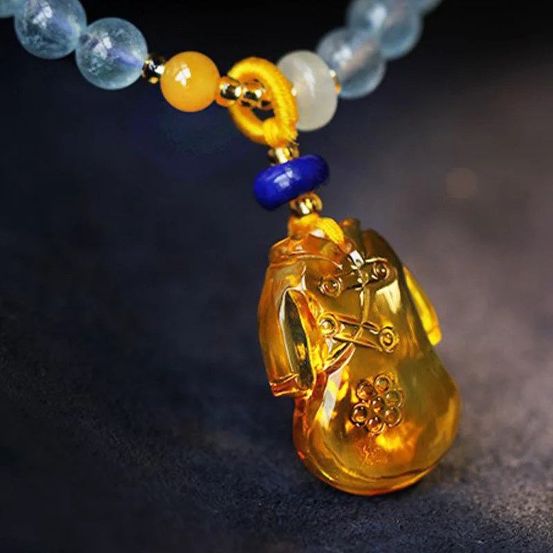 Natural Aquamarine Amber Flower Cheongsam Charm Healing Bracelet