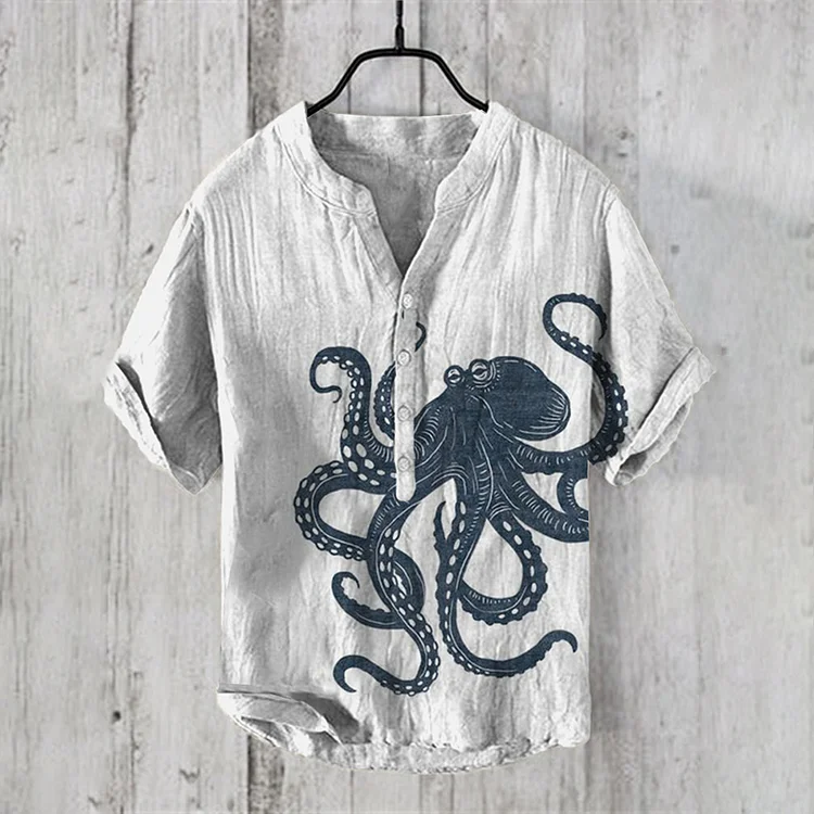 Vintage Japanese Art Octopus Casual Linen Blend Shirt