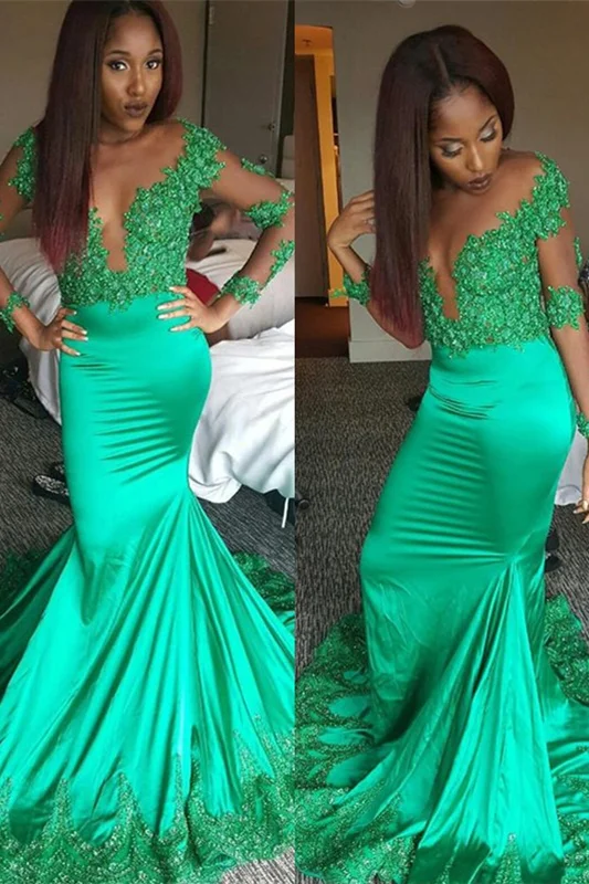 Luluslly Emerald Green Long Sleeves Mermaid Prom Dress With Lace Appliques