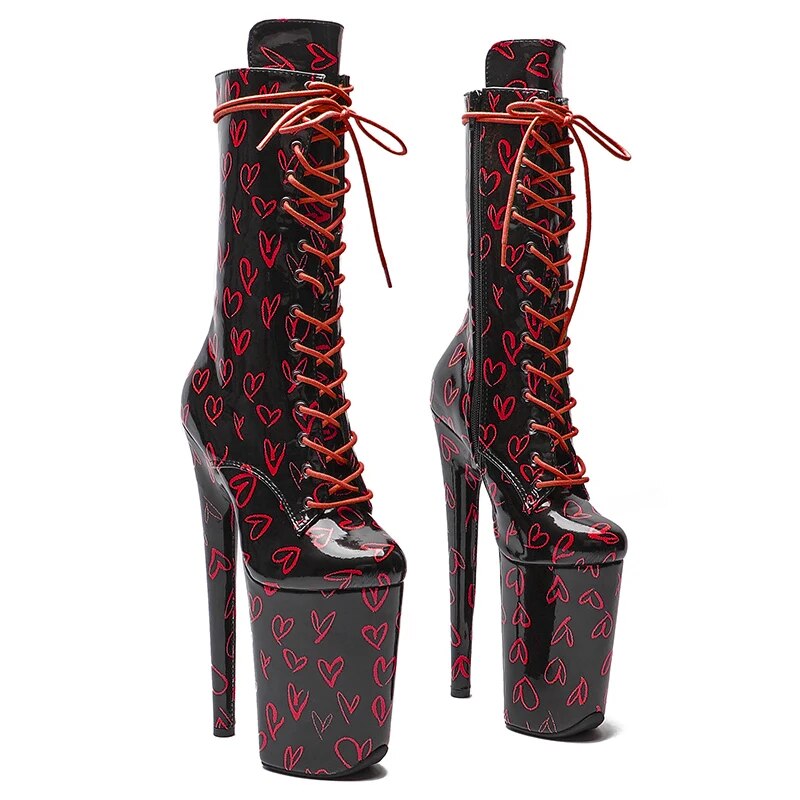 TAAFO 23CM/9inches Patent PU Love Pattern Upper Boots High Heels Platform Pole Dance Shoes
