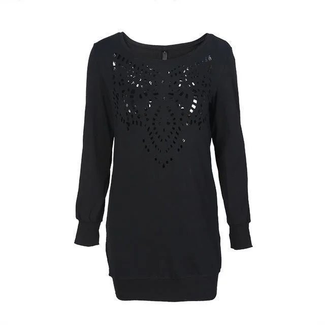 Black Hollow Out Crew Neck Long Sleeve Slim Dres-elleschic