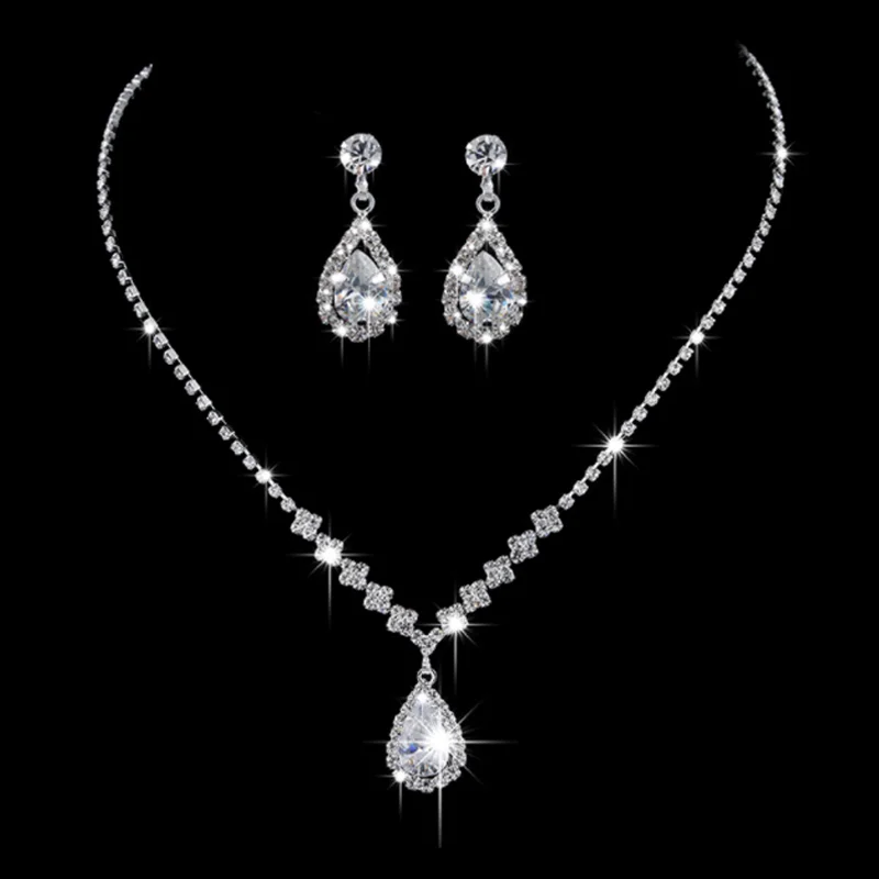 Brilliant Full Diamond Zircon Drop Necklace and Earrings Set
