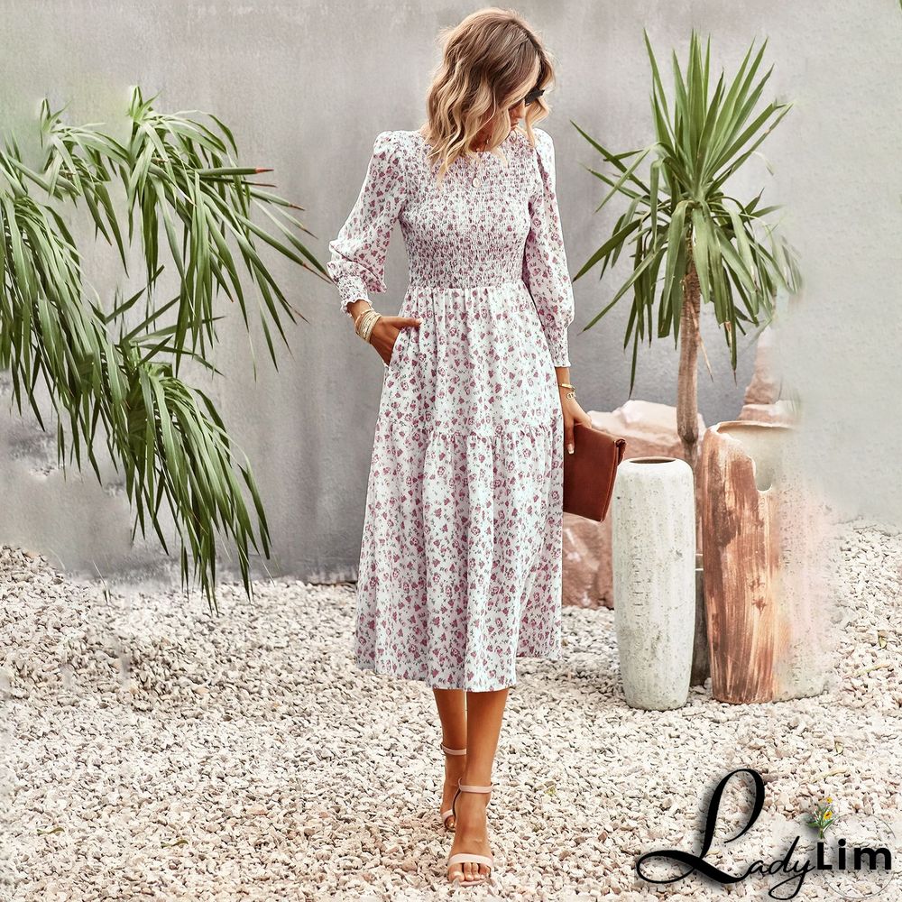 Spring Summer Chic Slim Waist Print Casual Holidays Women Dress