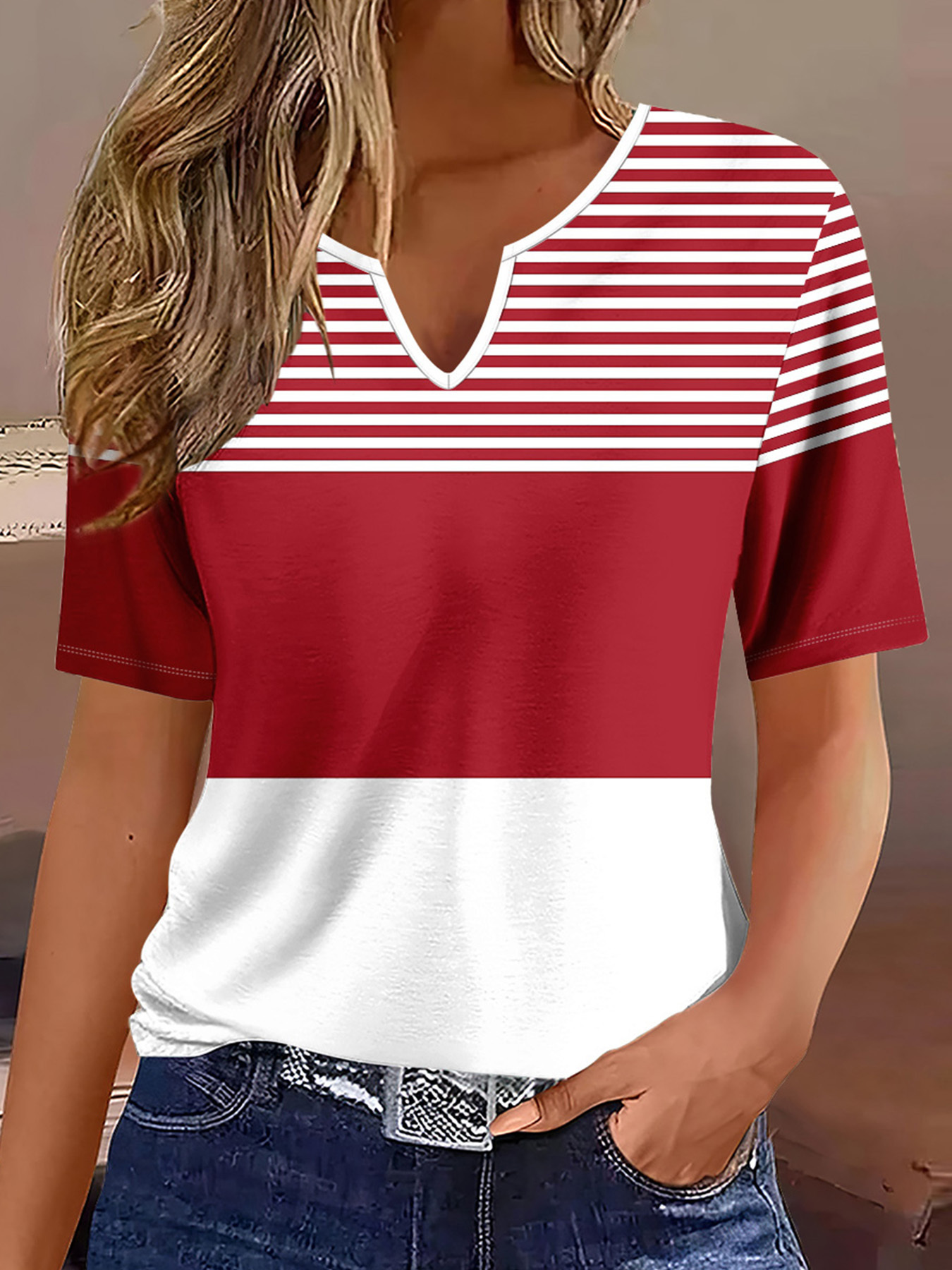 Women's Elegant Striped Round Neck Short Sleeve T-Shirt - Red & White Horizontal Stripes, Medium Stretch, Regular Fit, Machine Washable Summer Casual Top, Casual Attire Tee, Classic Stripe Tee, Comfortable Fabric, Mediumstretch Material | IFYHOME