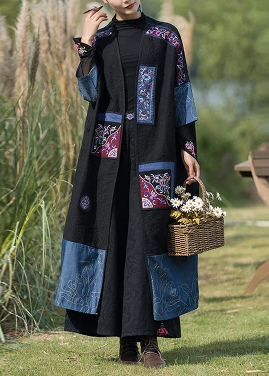 Plus Size Black Embroideried Denim Patchwork  Long Cardigan Fall