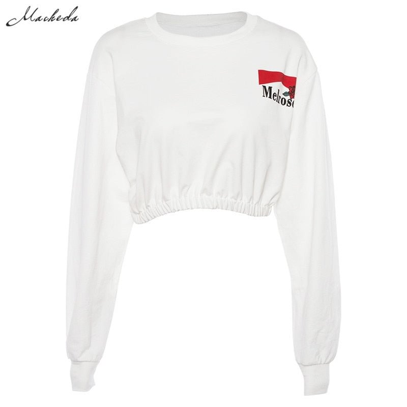 Macheda Sweatshirts Women Fashion Cropped O-Neck Long Sleeve Sweatshirt Pullover 2018 New Ladies White Casual Loose Crop Top