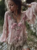 Boho Pink Flowers Glitter Lace Hem Flowy Linen Tunic