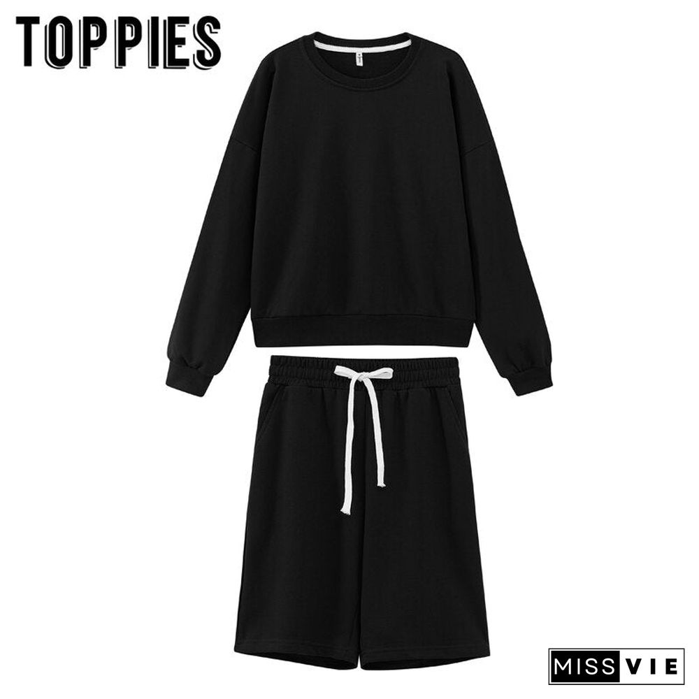 Toppies Women Two Piece Set Tracksuits O-Neck Sweatshirts Elastic High Waist Bermuda Solid