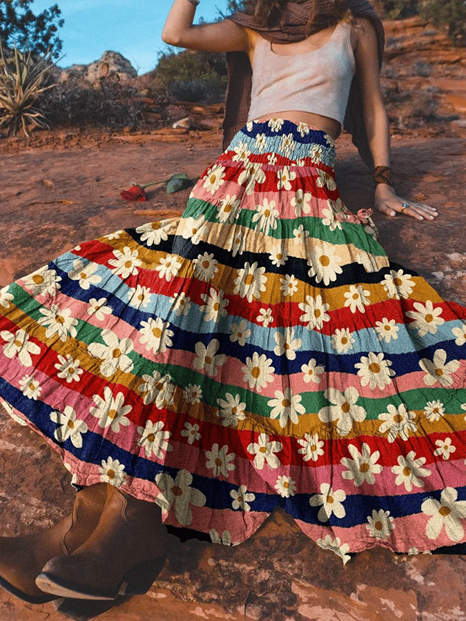 Women's Vintage Floral Daisy Art Print Cotton Pocket Skirt