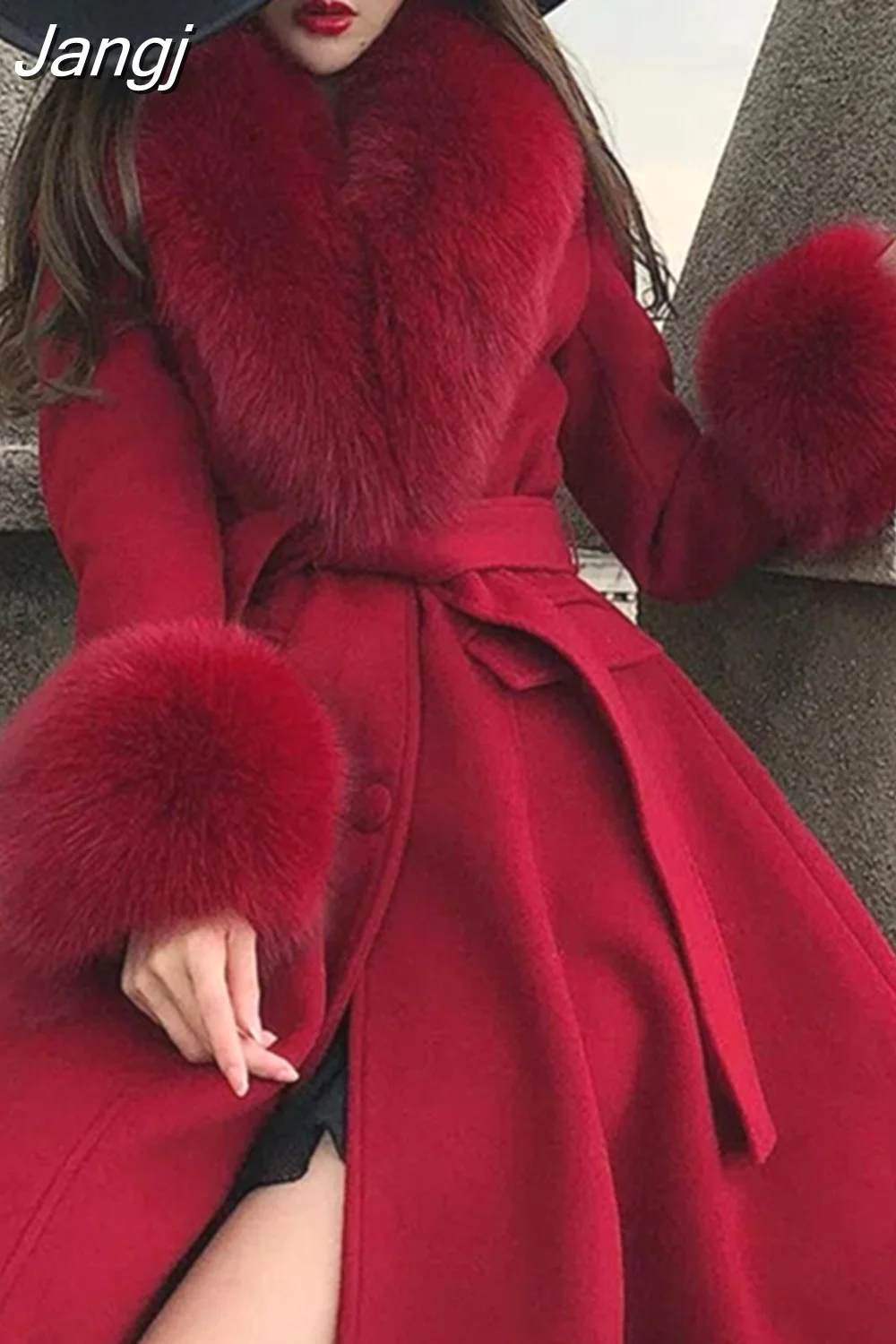 Jangj Women Winter Coats Fur Collar Scarf Cuff Set Warm Fashion Luxury Overcoat Scarves Shawls Female Elegant Solid Thick Coats