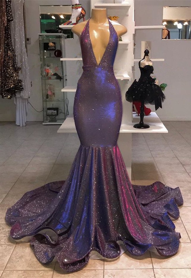 Luluslly V-Neck Sleeveless Mermaid Prom Dress Long Shinning Sequins
