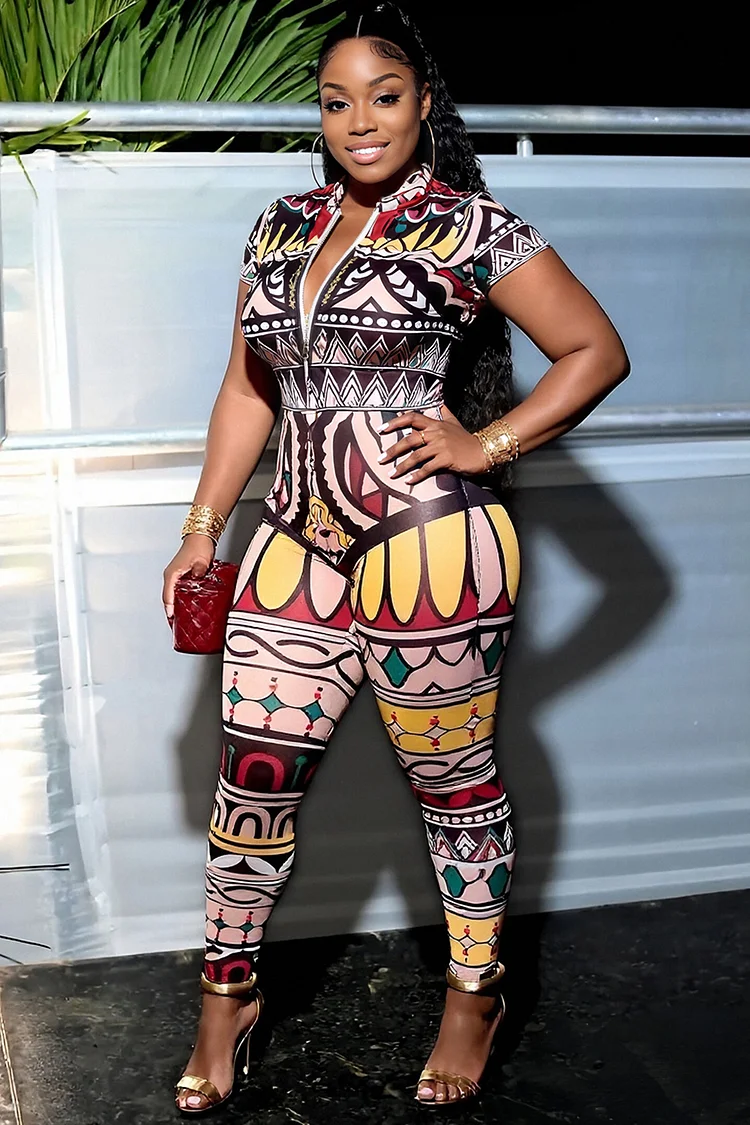 Boho Print Zip-Up Cap Sleeve Vacation Bodycon Jumpsuit-Multicolor [Pre Order]