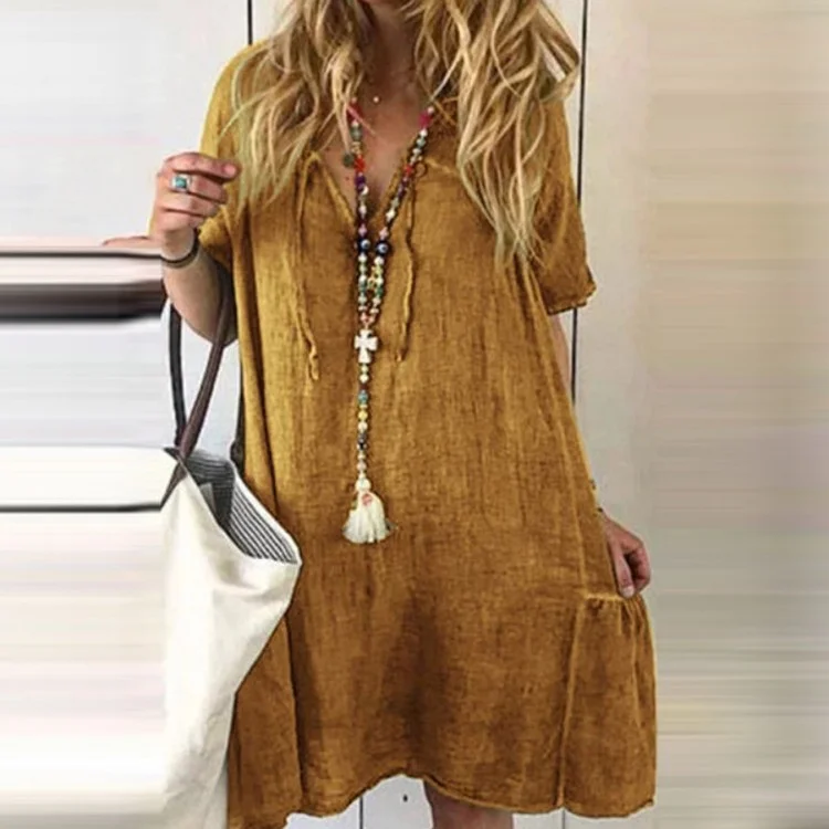 Women's Midi Dress Loose V-Neck Solid Color Swing Linen Dress